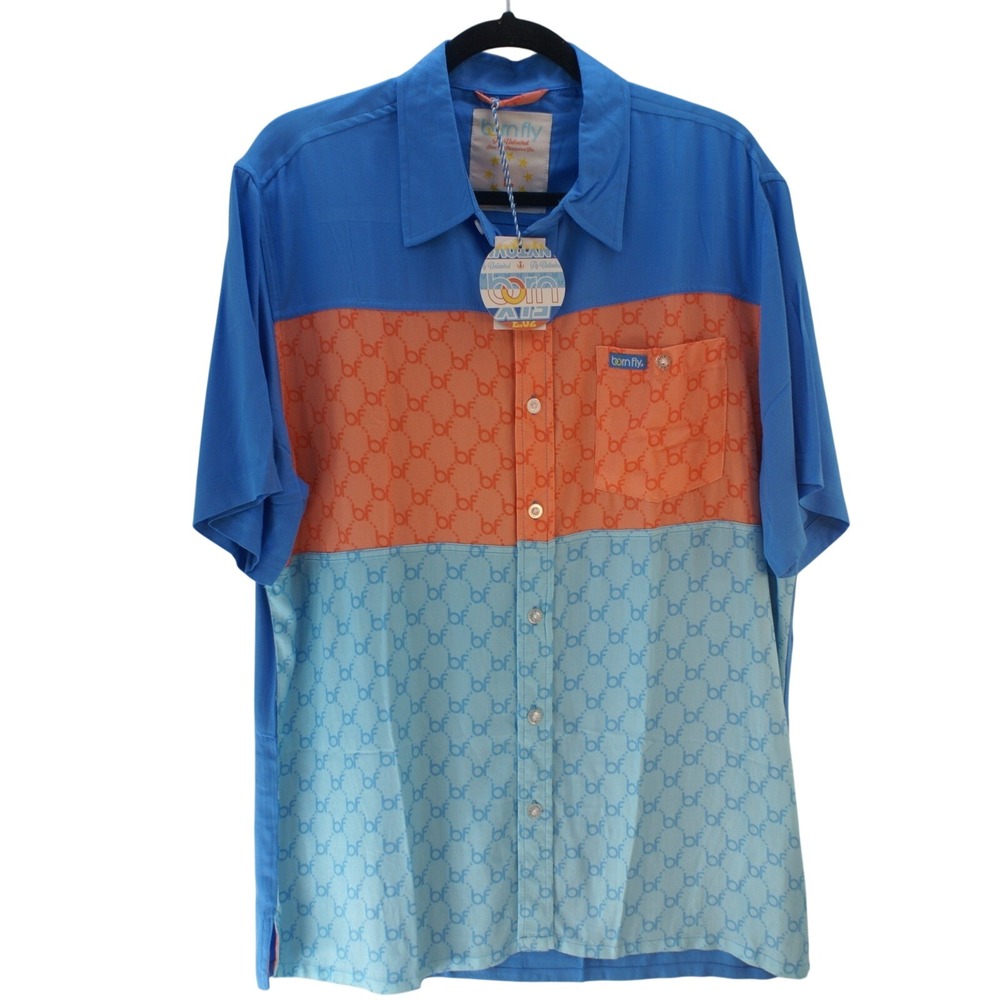 Born Fly Mens Colorblock Monogram Logo Button Down Shirt Blue Orange 2305W4837 L